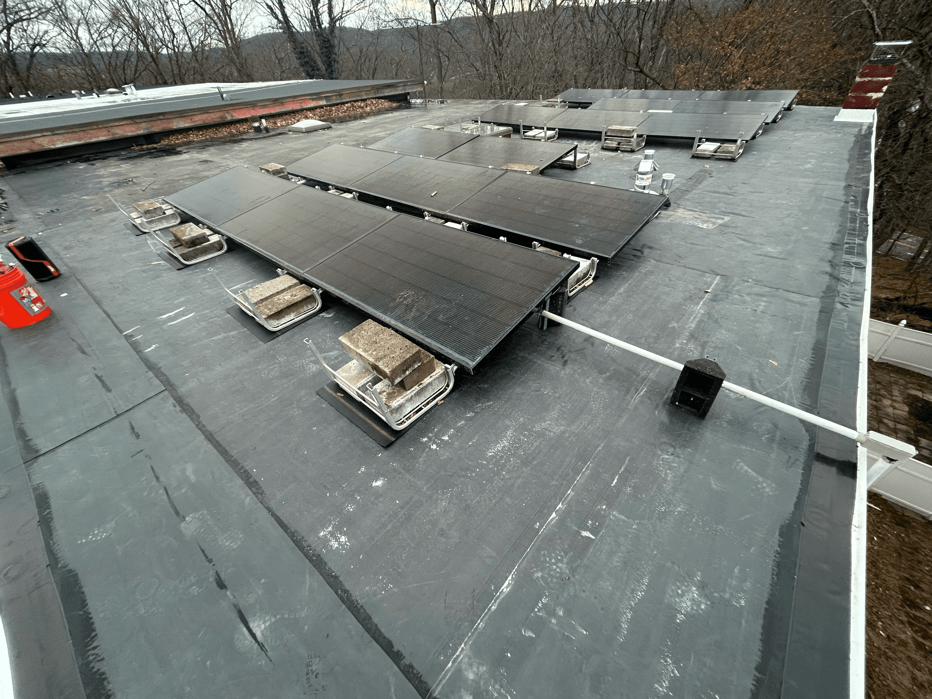 Rooftop solar panels installation on a flat roof with surrounding trees and equipment in view.